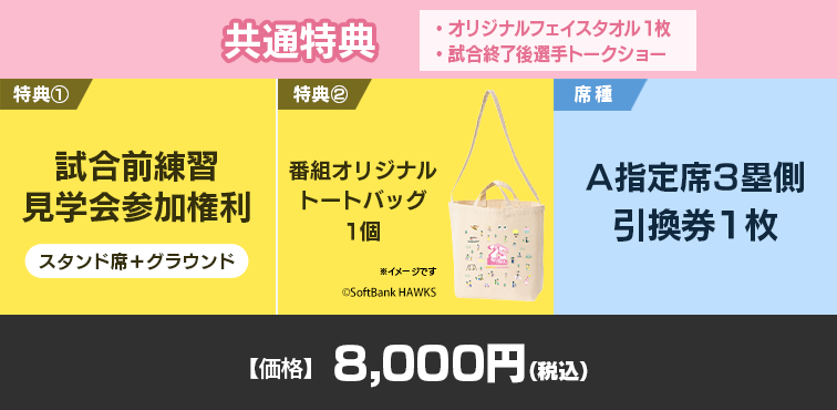 A指定席3塁側引換券1枚+番組オリジナルTシャツ1枚+試合前練習見学会参加権利+共通特典（番組オリジナルフェイスタオル1枚、試合終了後 選手トークショー参加権利）【価格】8,000円(税込)