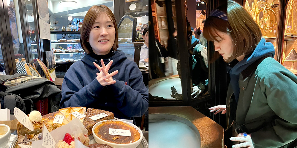 画像左側：カフェにてスイーツを前にした様子／画像右側：エンターテイメント施設を楽しむ様子