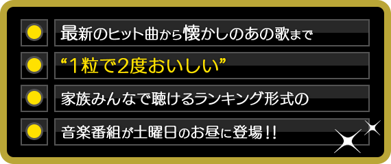 最新のヒット曲から懐かしのあの歌まで“1粒で2度おいしい”家族みんなで聴けるランキング形式の音楽番組が土曜日のお昼に登場！！