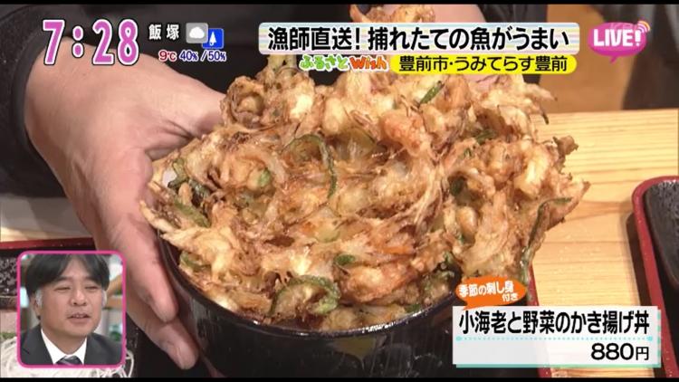 ボリューム満点！「小海老と野菜のかき揚げ丼」(880円)には、季節の刺し身も