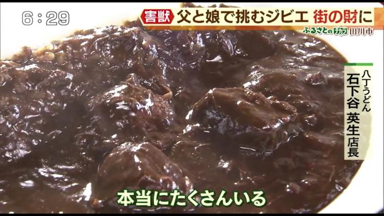 「八丁うどん」のジビエカレー（サラダ付 780円）。ホロホロになるまで煮込んだイノシシまたはシカ肉が入った、絶品カレーです